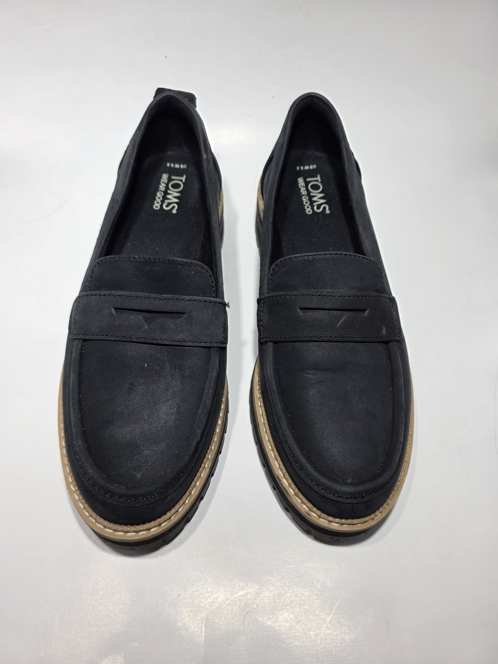 TOMS Darcy Black Nubuck Leather Lug Sole Penny Loafers Womens 8.5